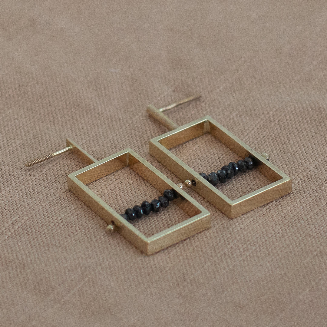 Frame Earrings - 14k Yellow Gold and Rough Black Diamond