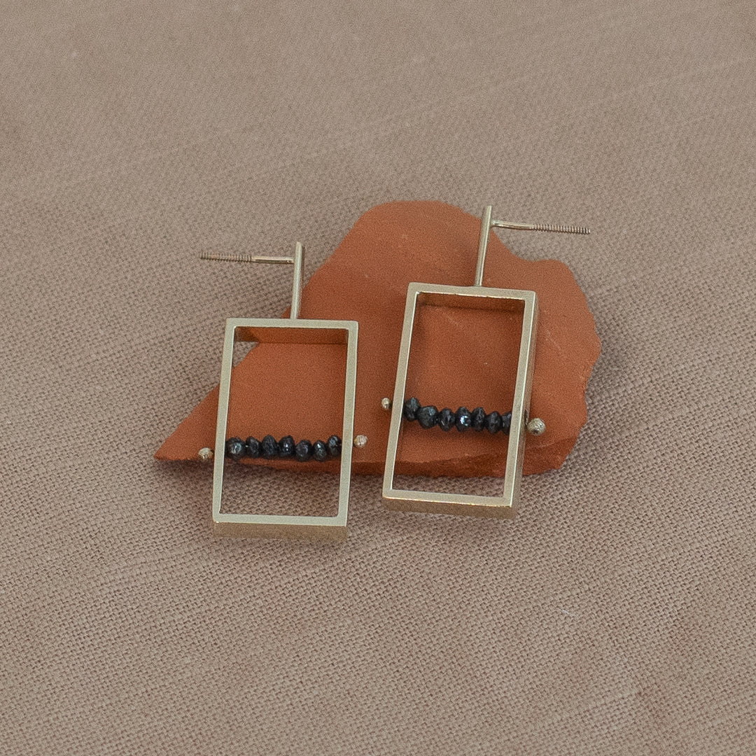 Frame Earrings - 14k Yellow Gold and Rough Black Diamond