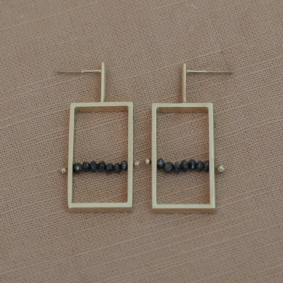 Frame Earrings - 14k Yellow Gold and Rough Black Diamond